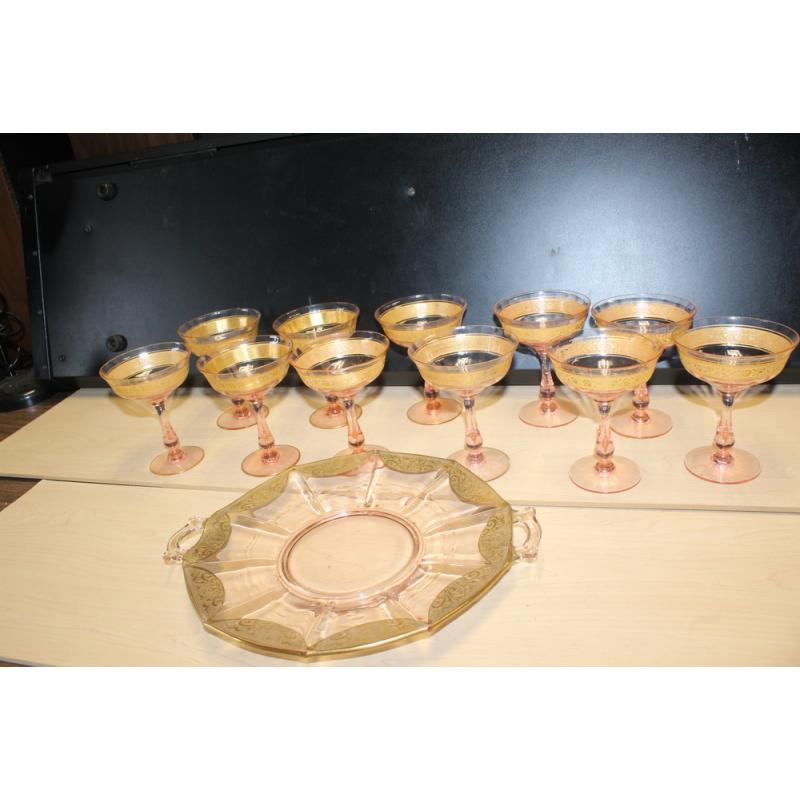SET 11 Champagne Glass Fostoria Royal Amber Etch Depression AND MEDIUM PLATTER