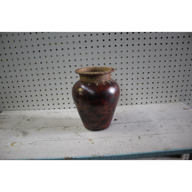 Wicker Top Pottery Vase~ Brown Tones ~ Vintage Rustic Decor~Unique 