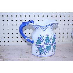 Blue and White Ceramic Water Pitcher, Flower Blossoms, Made in China, Pink Green