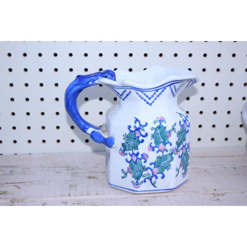 Blue and White Ceramic Water Pitcher, Flower Blossoms, Made in China, Pink Green