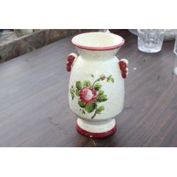 ITALY 1309 TEXTURE HAND PAINTED FLORAL TWO HANDLE WITH RINGS VASES