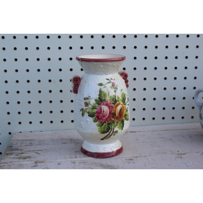 ITALY 1309 TEXTURE HAND PAINTED FLORAL TWO HANDLE WITH RINGS VASES