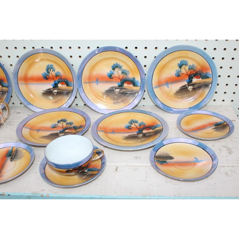 Vintage Luster Ware Orange & Blue Plates ETC. Hand Painted Japan 