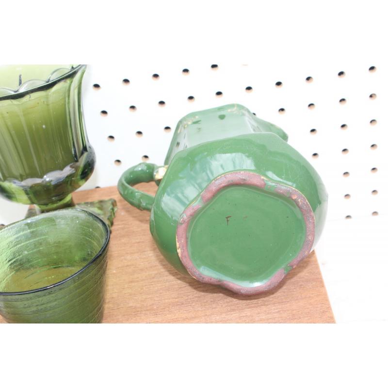 LOT OF GREEN CANDLE HOLDERS .AND PITCHER