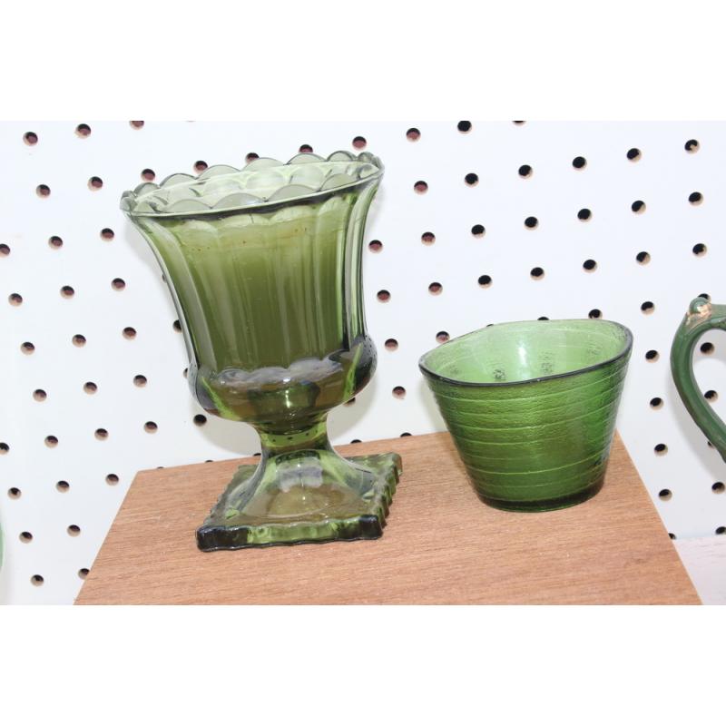 LOT OF GREEN CANDLE HOLDERS .AND PITCHER