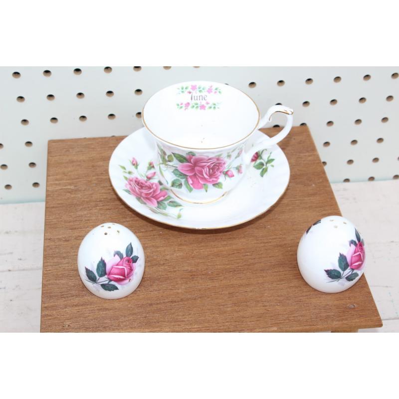 JUNE PINK ROSE TEA CUP AND SAUCER WITH PINK ROSE SALT AND PEPPER SHAKERS