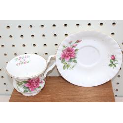 JUNE PINK ROSE TEA CUP AND SAUCER WITH PINK ROSE SALT AND PEPPER SHAKERS