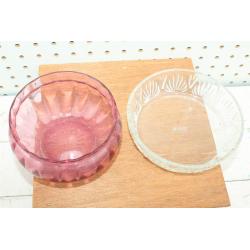 1 PINK SMALL GLASS DISH AND 1 CLEAR AVON GLASS DISH