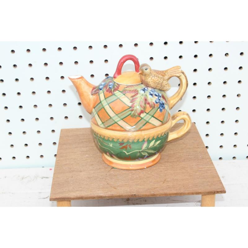 Tracy Porter Tea For One Songbird Teapot & Cup Hand Painted Plaid Orange & Green