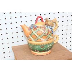 Tracy Porter Tea For One Songbird Teapot & Cup Hand Painted Plaid Orange & Green