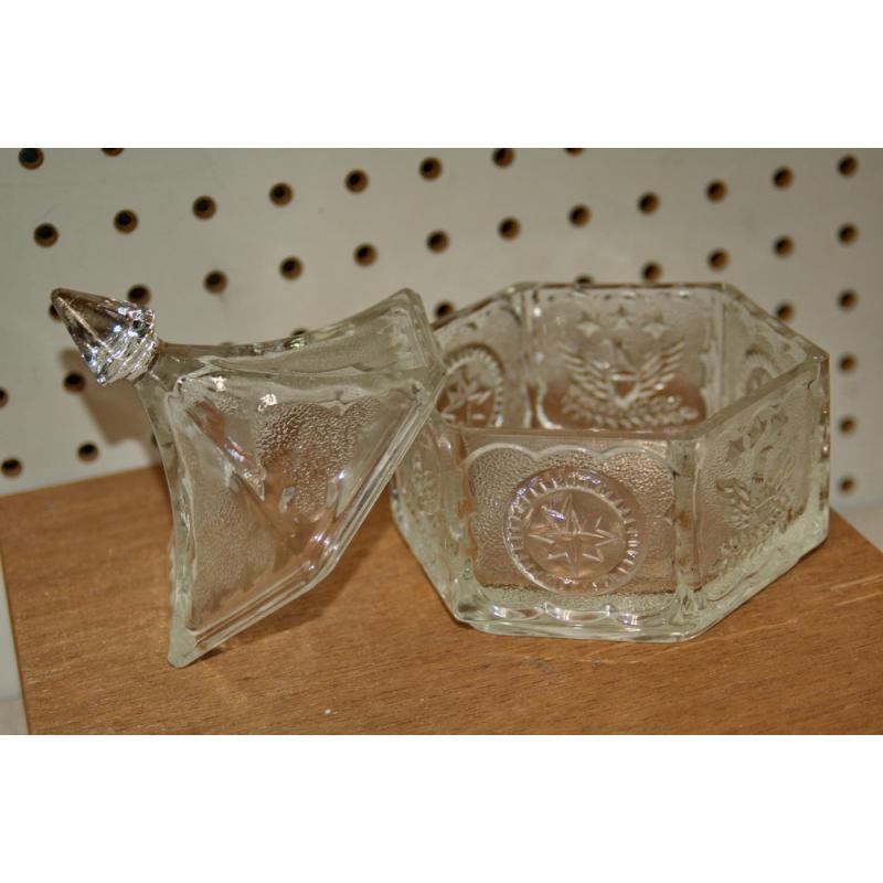 Vintage Tiara Indiana Clear Glass Candy Dish Trinket Box Eagle & Star