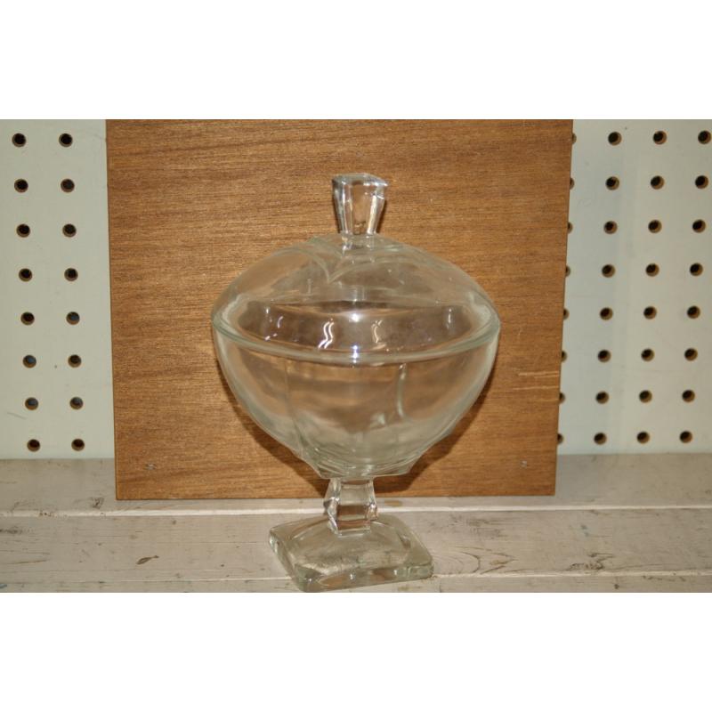vintage clear glass candy dish with lid , Pedestal , Round With Square Base ,