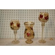 SET OF 3 Pedestal Votive CANDLE HOLDER Tall Glass GobletS Gold Leaves Decor