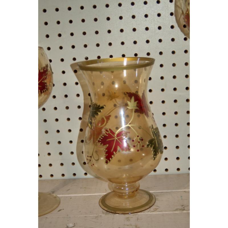 SET OF 3 Pedestal Votive CANDLE HOLDER Tall Glass GobletS Gold Leaves Decor