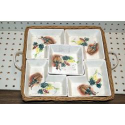 1960's Vintage Serving 5 Compartment Tray Set ~ Ucagco Ceramic ~ Wicker JAPAN