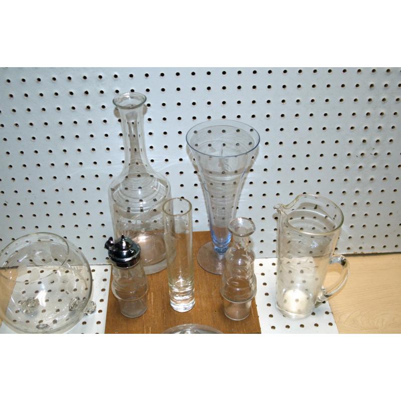 LOT OF 8 ETCHED GLASS DISHES ,VASES ETC.