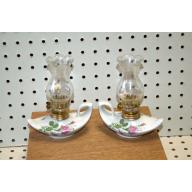 2 Mini Oil Kerosene Lamp Aladdin Ceramic Glass w/Roses Home Decor