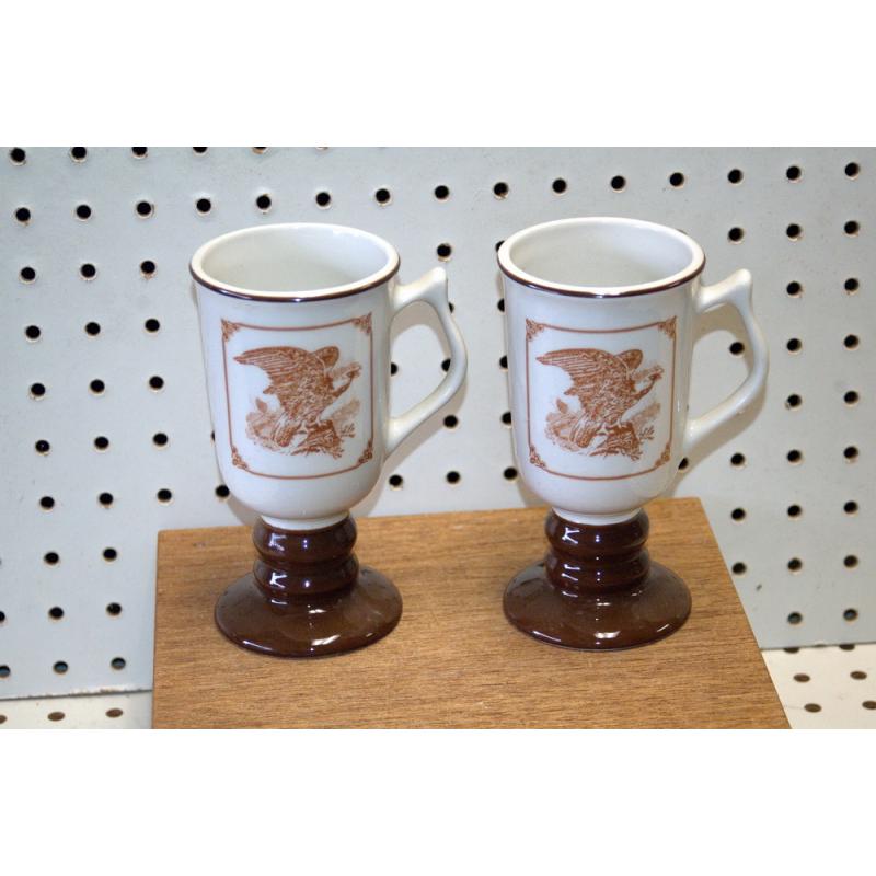 Two Vintage BUNTINGWARE USA Pedestal IrishCoffee Tea Mug Patriotic Eagle Print