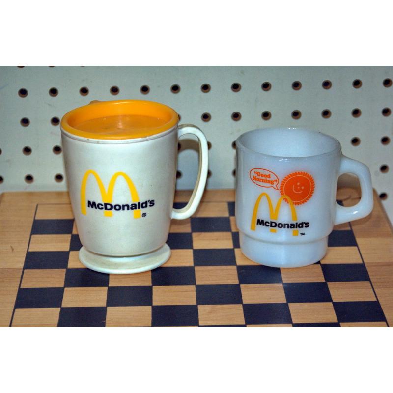 2 Vintage McDonald's Coffee MugS Good Morning Anchor Hocking Fire King 