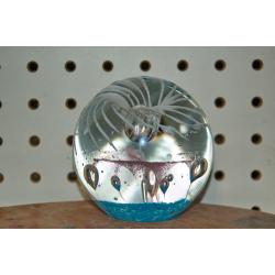Hand Blown Swirl Art Glass Paperweight Blue White VNTG Round Bulicante LG
