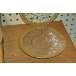 SET OF 7 PINK GLASS GOLD TRIM PLATES 1 IS LARGER
