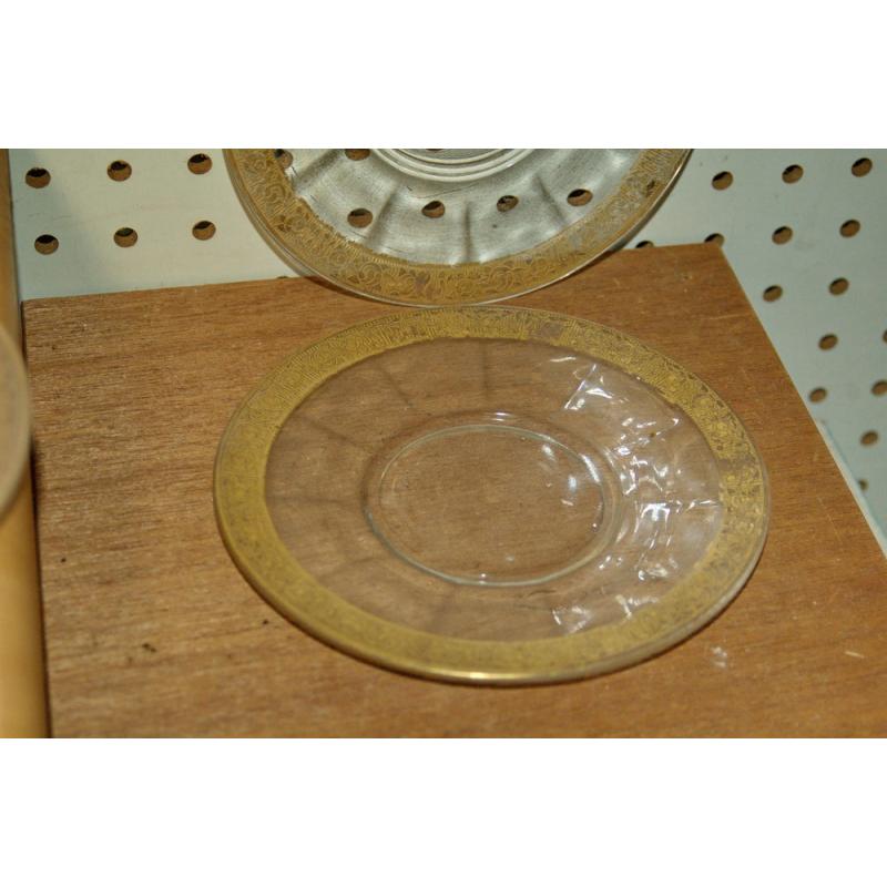 SET OF 7 PINK GLASS GOLD TRIM PLATES 1 IS LARGER