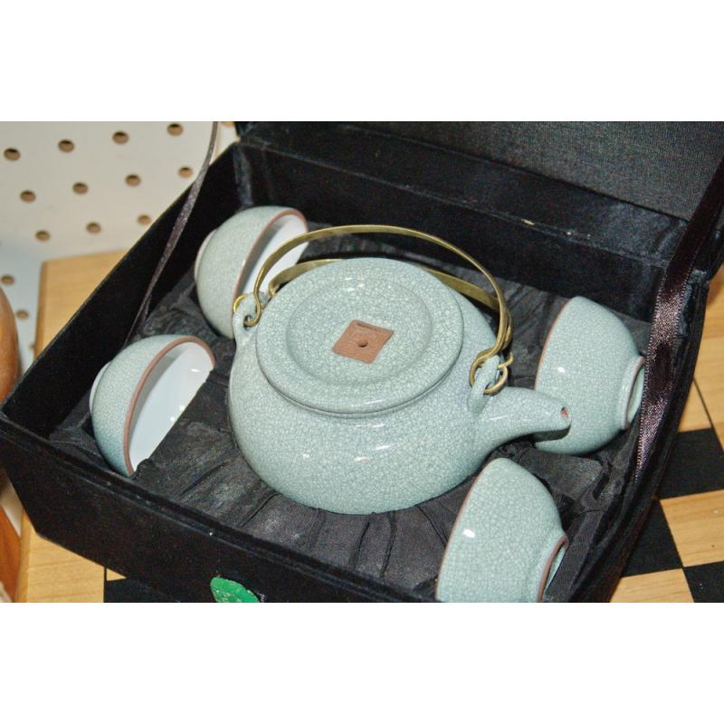 Antique Chinese Yixing Zisha Clay Teapot Glazed turquois Crackled 4 cups & CASE
