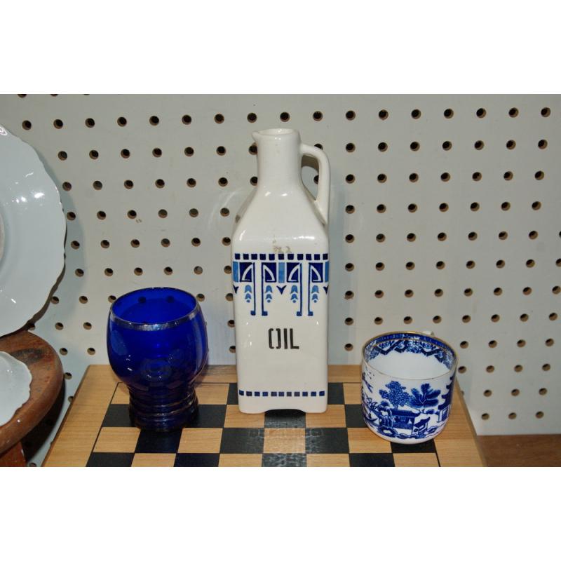 Yvonne Czechoslovakia Ceramic Olive Oil Decanter W/6 WHITE , BLUE CHINA ECT.