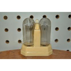 Mid century, Imperial Metal ,salt and pepper shakers w/ tan, plastic holder,