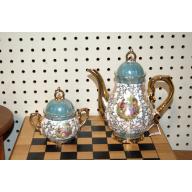 Porcelain Courting Couple Coffee Pot AND SUGAR BOWL BLUE GOLD LUSTER