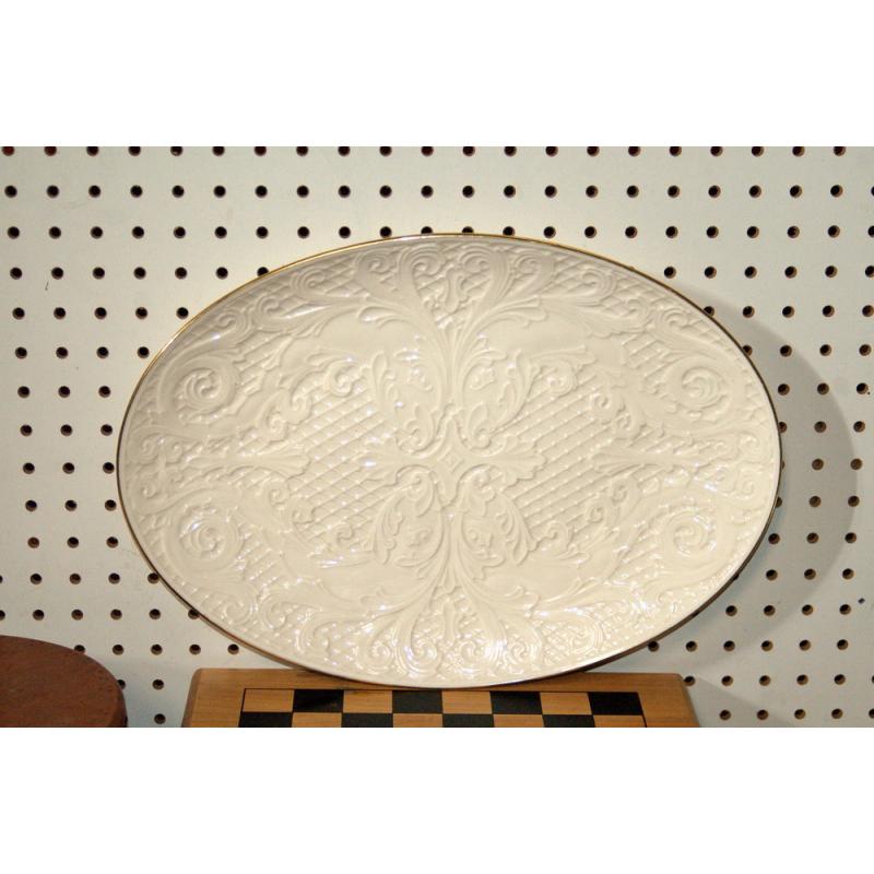 LENOX 16” Oval Ivory Serving PLATTER Embossed with 24k Gold Trim • USA • MINT!