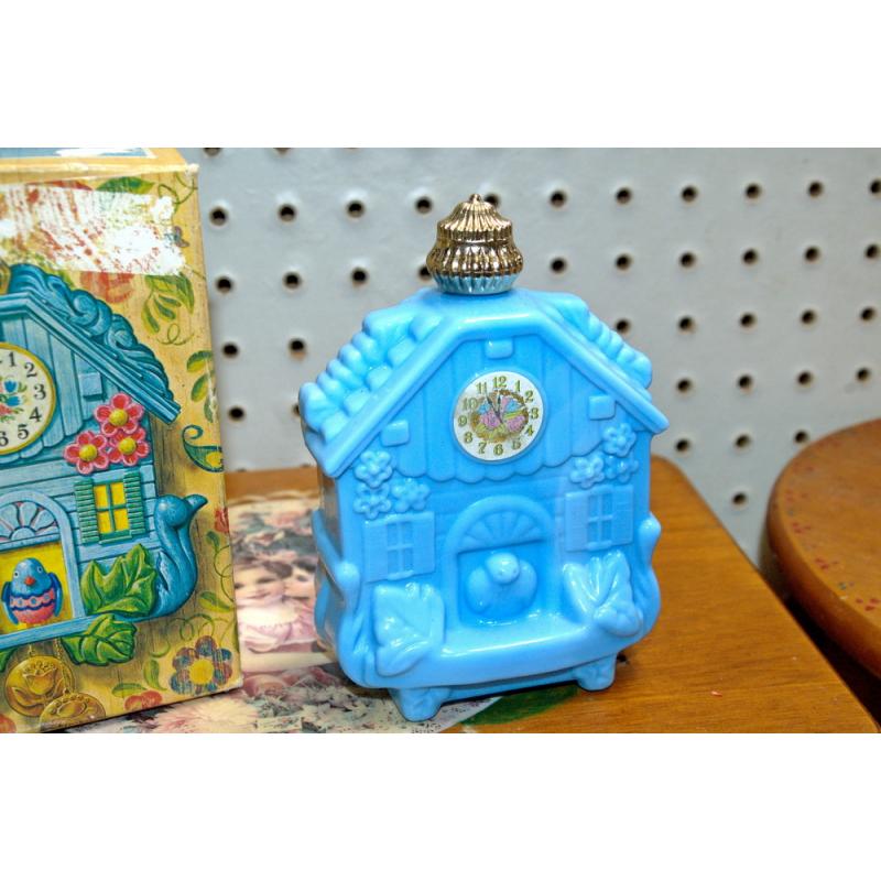 AVON Charisma Cologne Cuckoo Clock Blue Glass House Empty Bottle w/Box