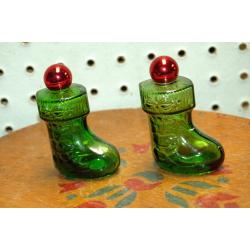 TWO Vintage AVON Christmas Surprise Green Boot Decanter Moonwind Cologne