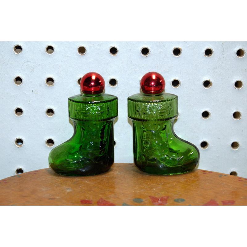 TWO Vintage AVON Christmas Surprise Green Boot Decanter Moonwind Cologne