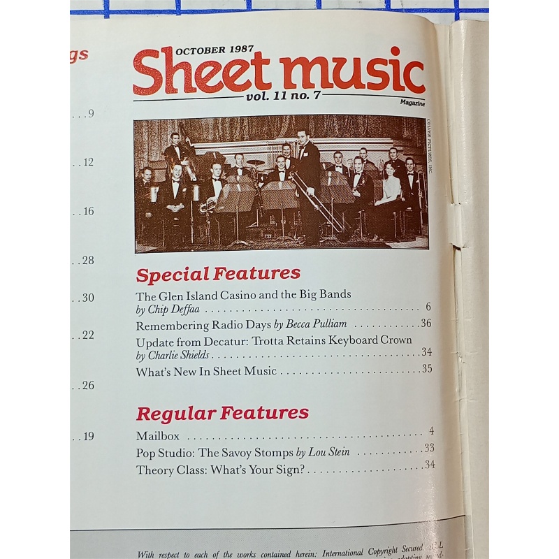 Sheet Music Magazine Oct 1987 Glen Island Casino & the Big Bands Glenn Miller