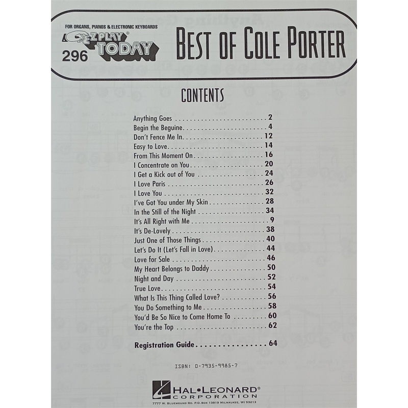 Best of Cole Porter EZ Play Today Vol 296 Easy Piano Keyboard Music Book