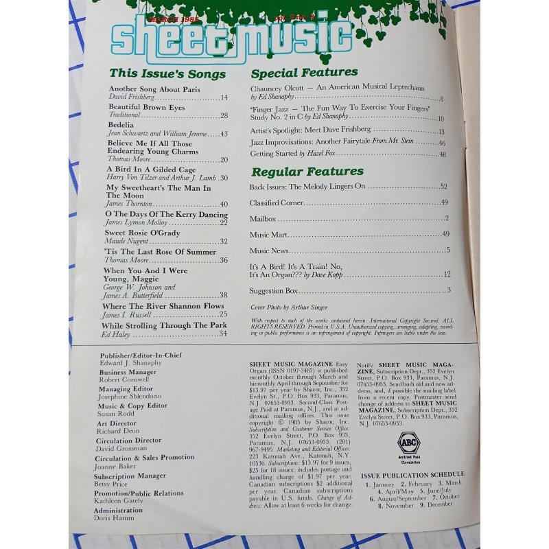 Sheet Music Magazine March 1985 Americas Irish Music Easy Piano/Guitar