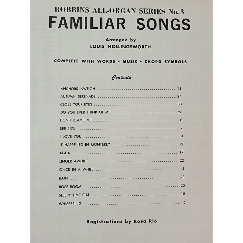 Robbins All Organ Series No. 3 Familiar Songs Sheet Music robbins music Corp.