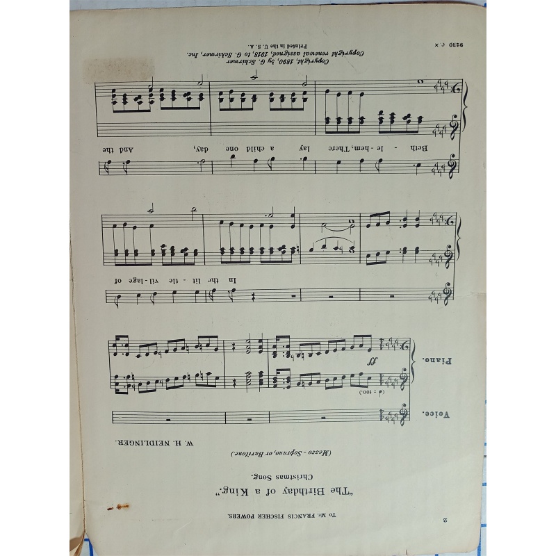 The Birthday of a King Christmas Song by W H Neidlinger Sheet Music