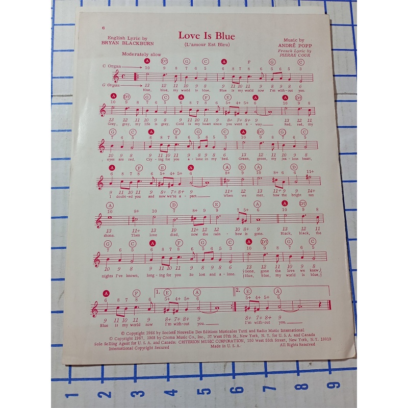 Love is Blue Sheet Music Piano Solo Frency Lyrics-Pierre Cour-Popp-Vintage