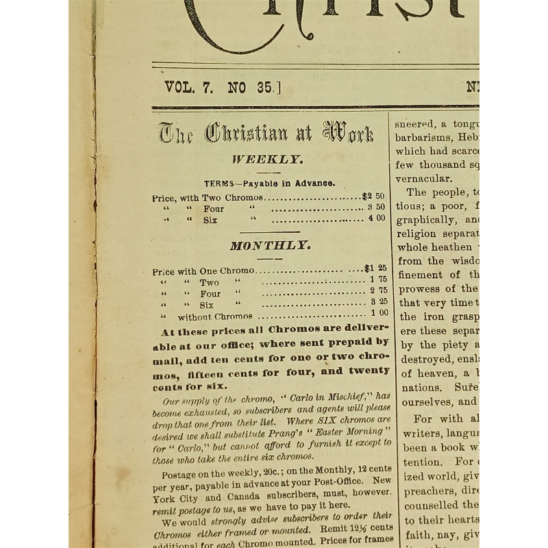 The Christians at Work Weekly vol. 7 no. 35 New York august 30, 1873