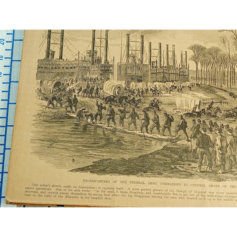 1800s Engraving 2 sided HEADQUATERS COMMANDED BY GENERAL GRANT THE MISSISSIPPI