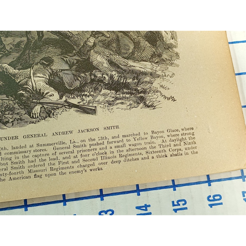 1800s Engraving 2 sided CIVIL WAR; FORT DE RUSSY, LA 1864 Andrew Jackson Smith
