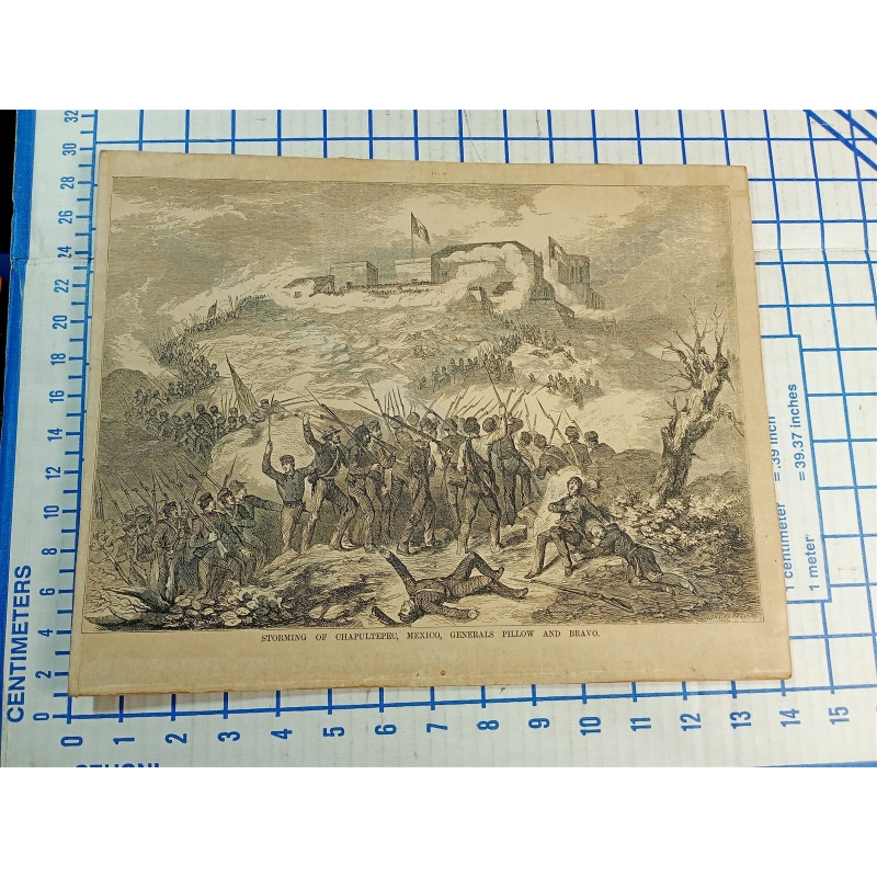 1800s Engraving STORMING OF CHAPULTEPEC MEXICO, GEN PILLOW & GEN BRAVO