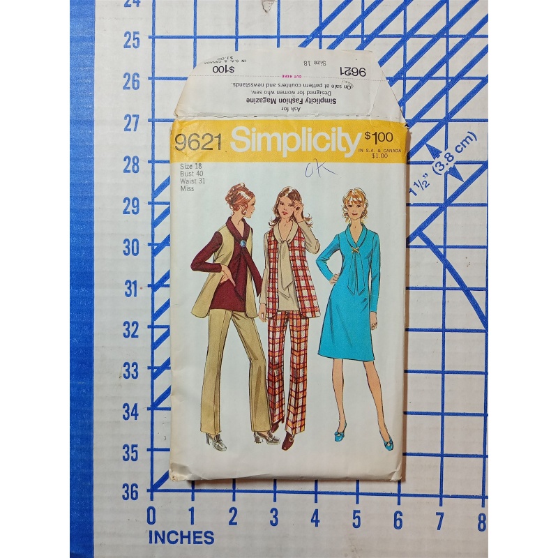 VTG 70s Simplicity Sew Pattern 9621 Dress or Tunic, Vest, & Pants Sz 18