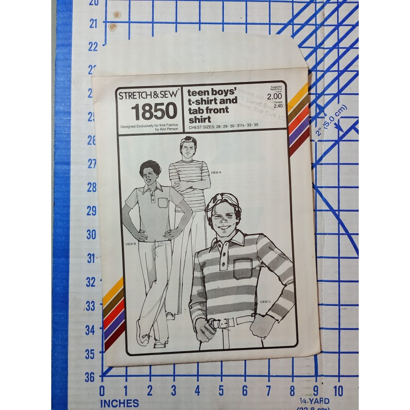 Stretch & Sew Pattern 1850 Boys TEEN SHIRT AND TAB FRONT SHIRT SZ.28-35