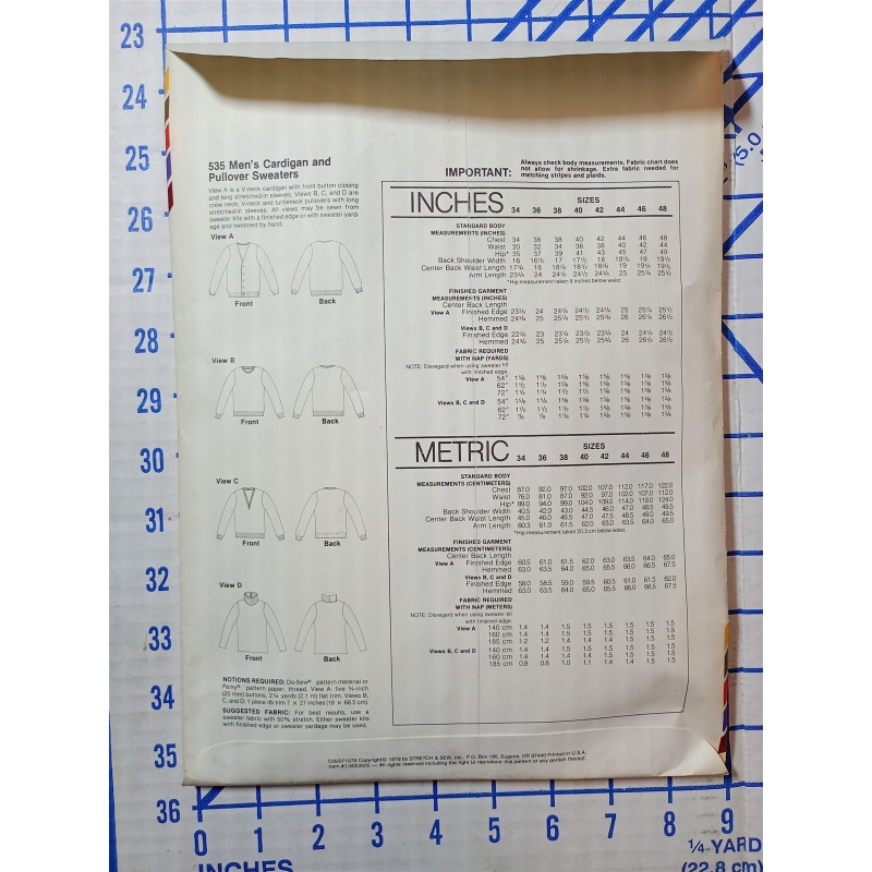 Stretch & Sew Pattern #540 Mens Pullovers Vintage 34-48