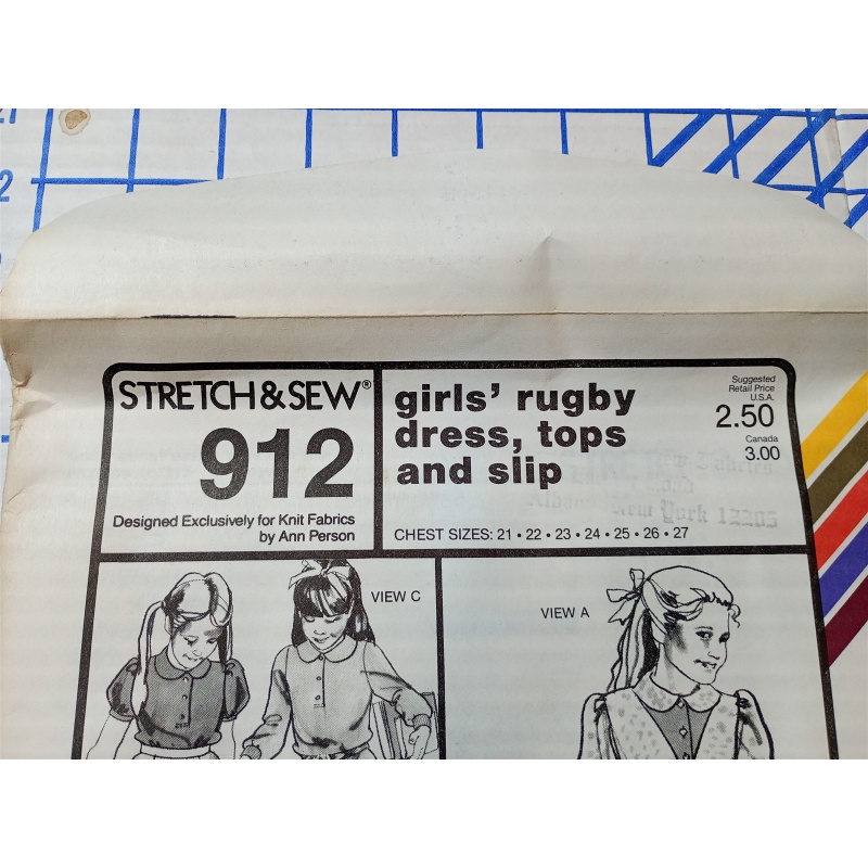 Stretch & Sew Pattern #912 Vintage Girls Rugby Dress Top Slip 1980s SIZE 21-27