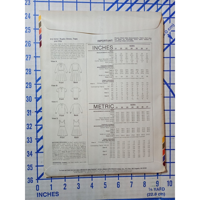 Stretch & Sew Pattern #912 Vintage Girls Rugby Dress Top Slip 1980s SIZE 21-27