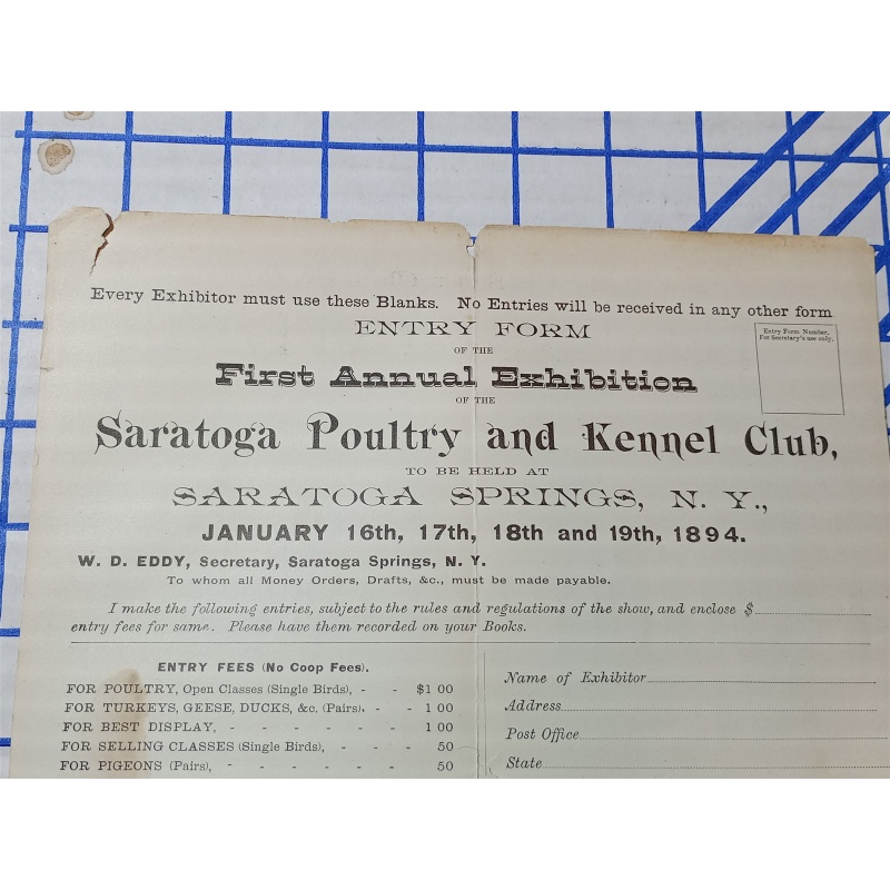 SARATOGA POULTRY AND KENNEL CLUB ENTRY FORM 1894